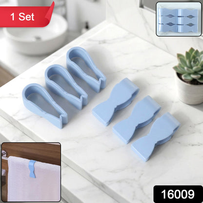 Six blue plastic towel clips on a white marble counter, with an inset showing one clip holding a white towel on a wooden