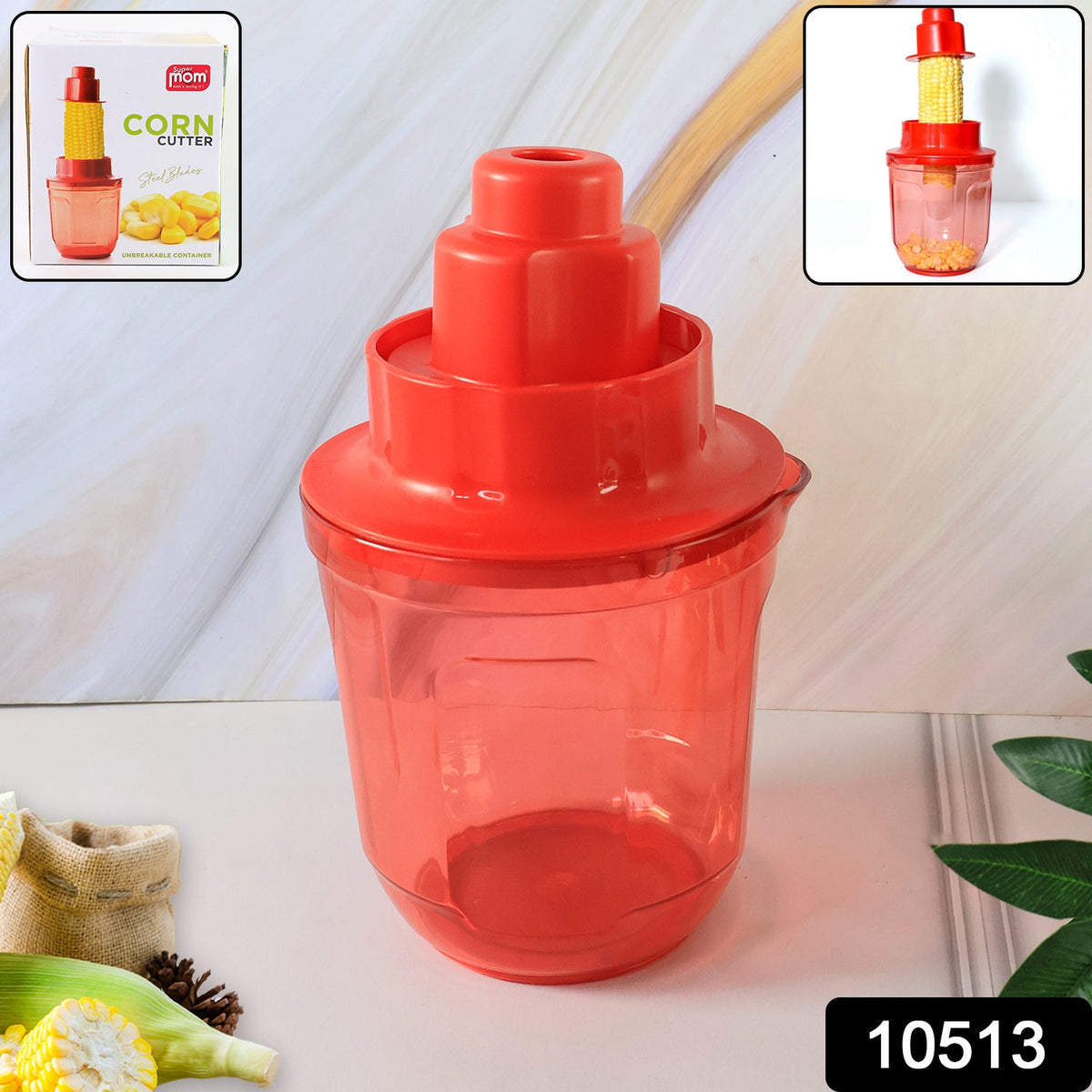 A red plastic corn cutter stands on a white surface, with a small inset image showing its packaging and another inset