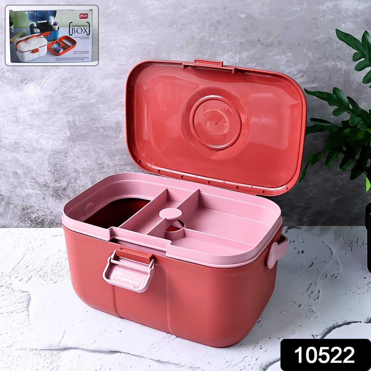 Open red and pink plastic storage box with internal compartments, with a small product image overlay and a number 10522.