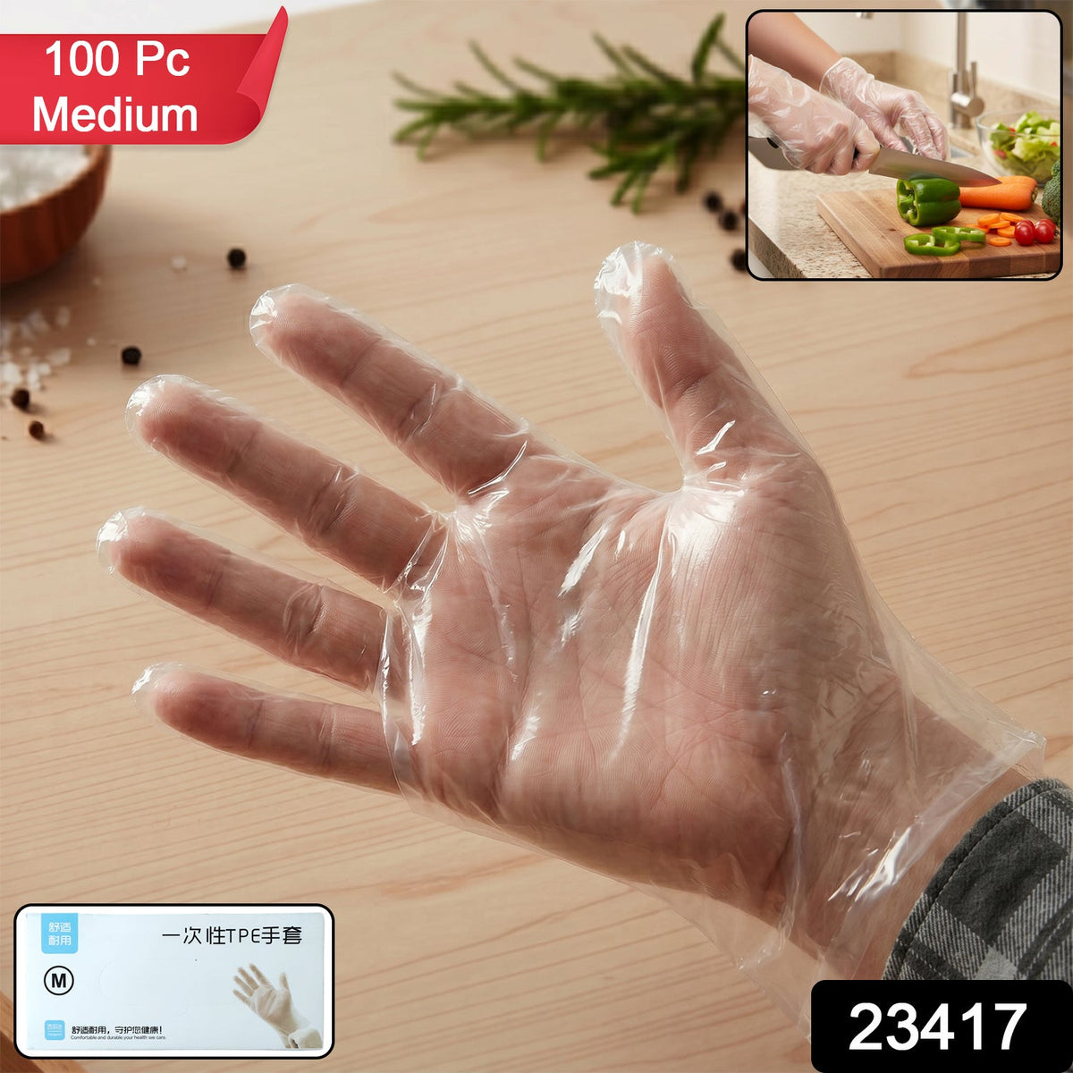 A hand wearing a clear plastic glove, with a red banner indicating '100 Pc Medium' and a number '23417'.