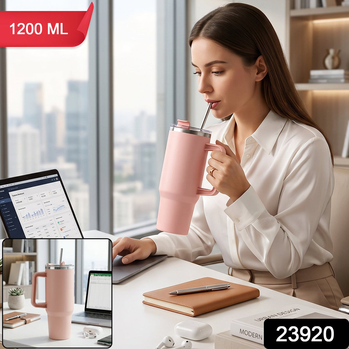 A woman sips from a pink travel tumbler with a straw while working on a laptop at an office desk, with a 1200 ML label.
