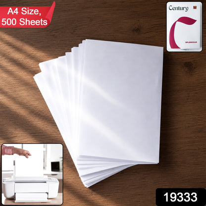 A fanned stack of white A4 paper on a wooden surface with a small Century Splendour logo and product number.