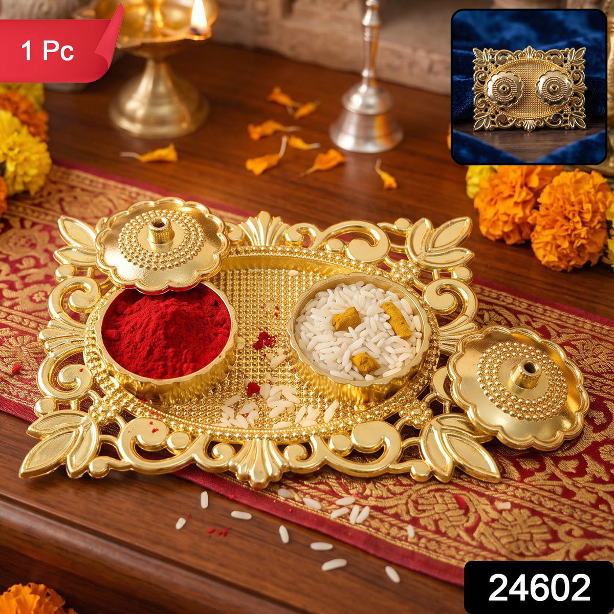 Golden Kankavati Kumkum Holder with Carved Frame and Lids