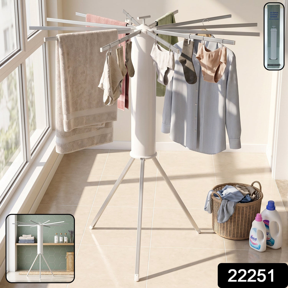 White tripod clothes drying rack with clothes, laundry basket, and detergents, with a small inset showing it folded.