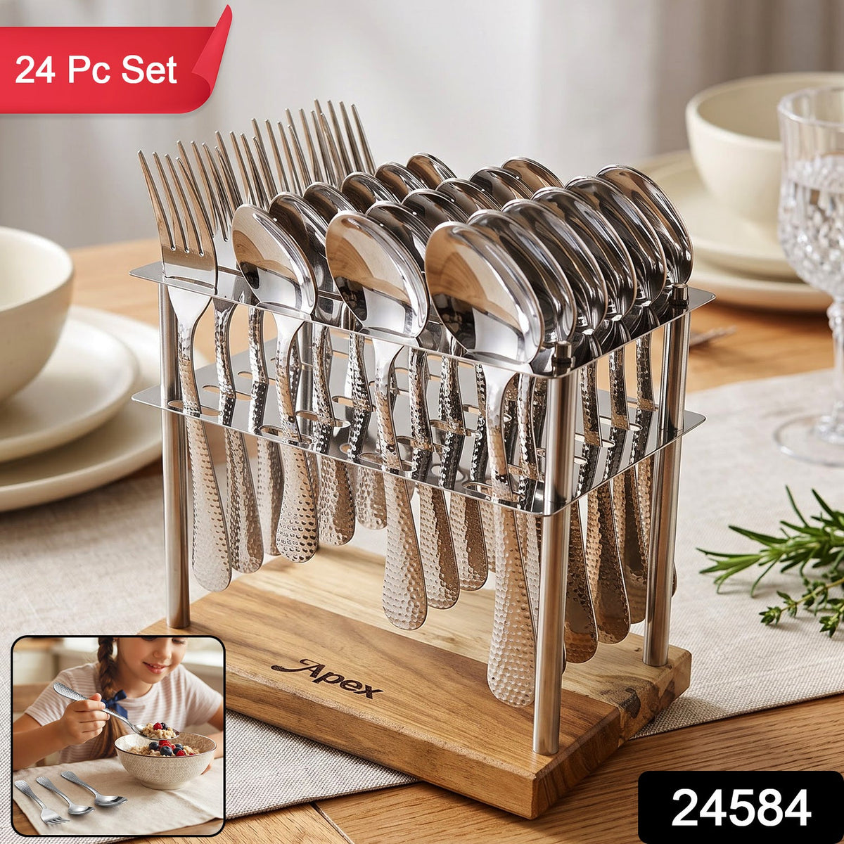 A 24-piece hammered stainless steel cutlery set with a wooden stand on a dining table. A red banner says "24 Pc Set" and a