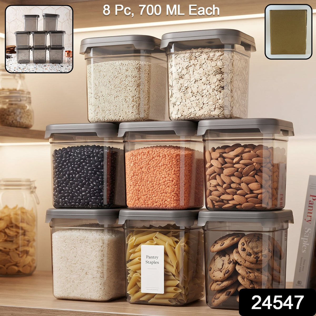 Eight clear plastic food storage containers with gray lids, filled with various dry goods, stacked on a wooden shelf, with