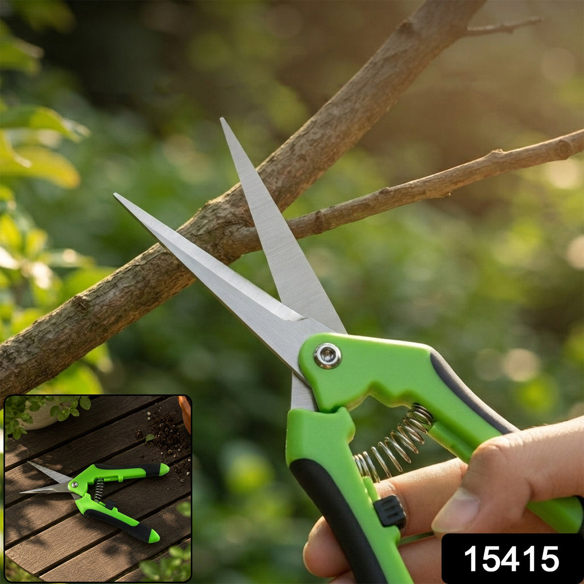 A hand holds green and black snips, pruning a thin tree branch, with an inset of the snips on a wooden surface.