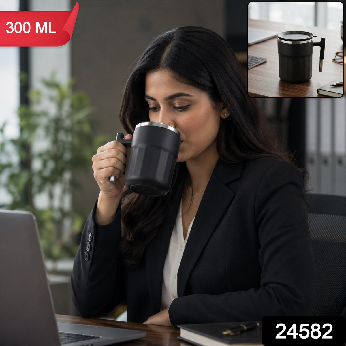 300 ml matte black mug with handle and lid, 1 piece