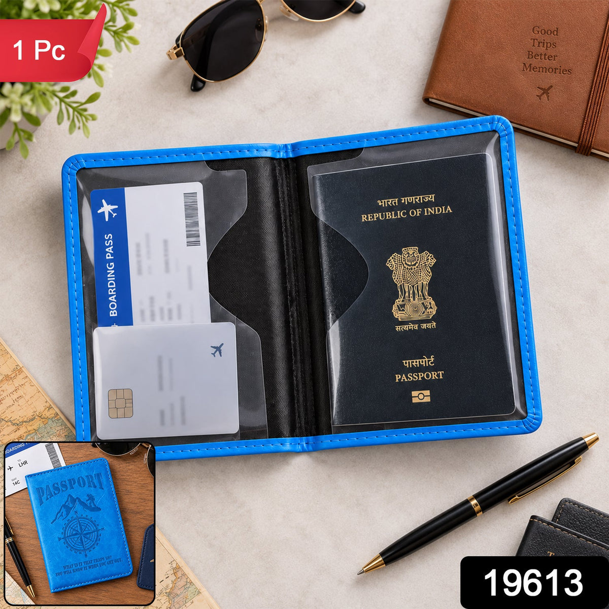 Open blue passport holder with a passport, boarding pass, and card inside, with a small inset image of the closed holder.