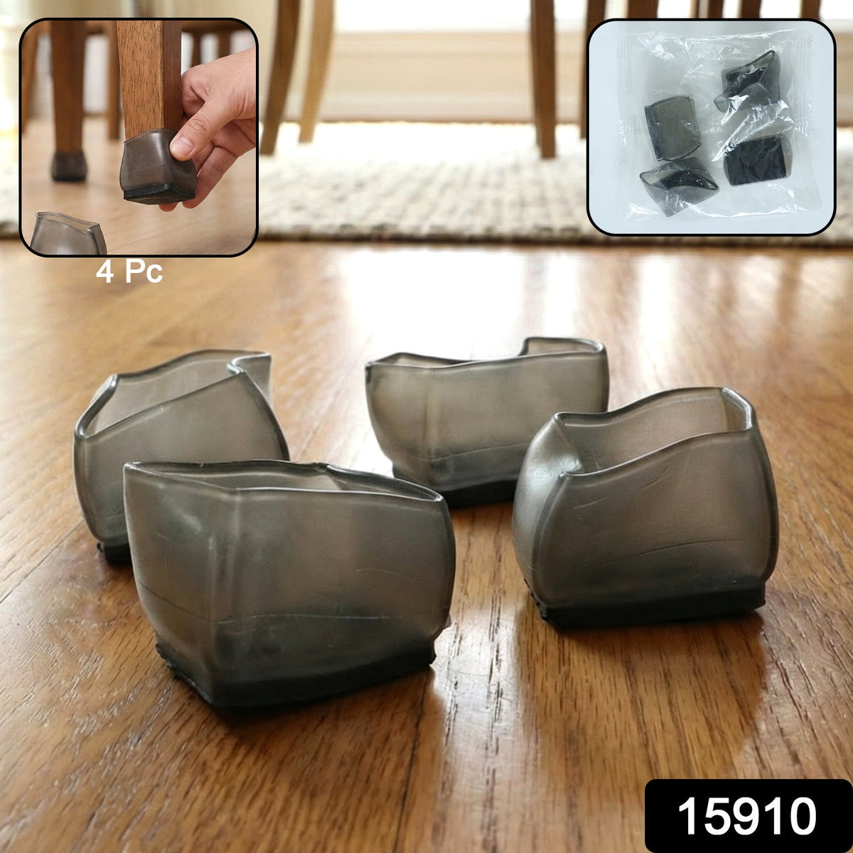 Four dark grey silicone furniture leg caps sit on a wooden floor, with insets showing application and packaging.