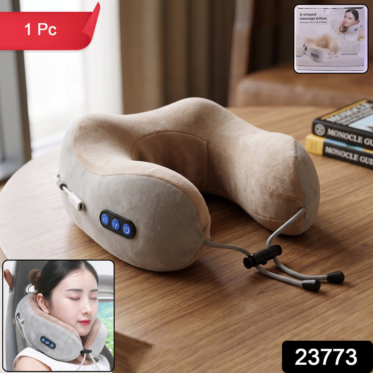 A beige and gray U-shaped massage pillow with blue control buttons rests on a wooden table, with insets showing it – view 2