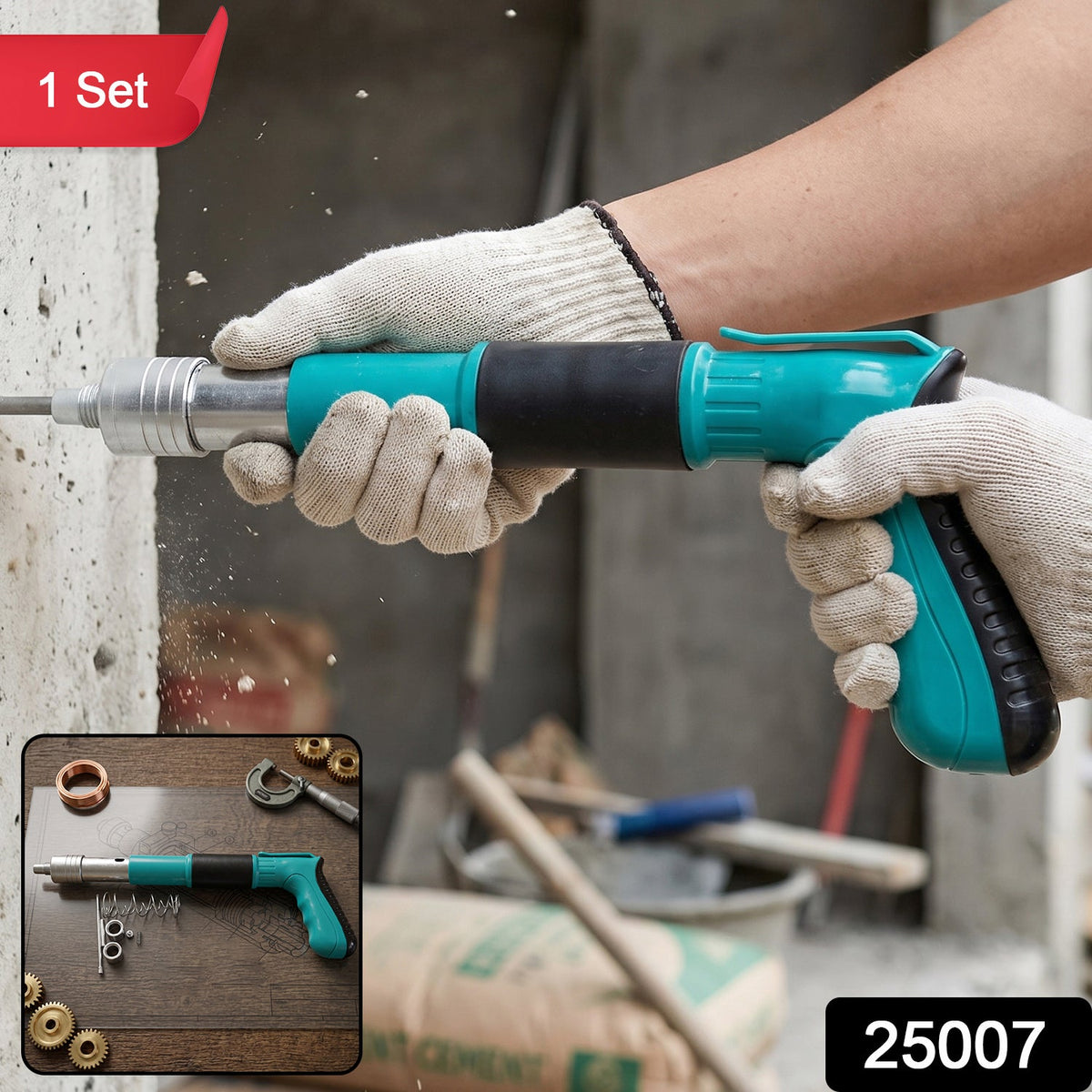 A person wearing white gloves uses a teal and black manual nail gun on a concrete wall, with an inset showing the – view 2