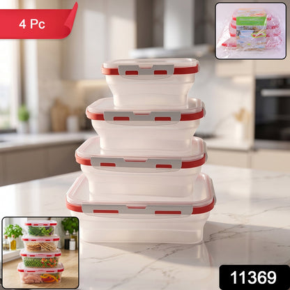 Four clear collapsible food containers with red and grey clasps, stacked in a modern kitchen with a '4 Pc' label.