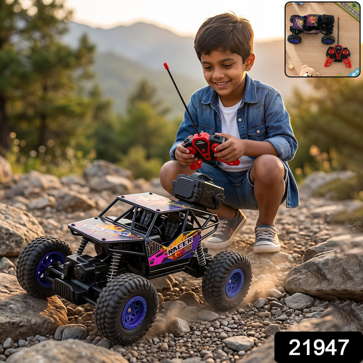 A smiling boy in a denim shirt plays with a black and purple remote control rock crawler on a rocky path outdoors, with a
