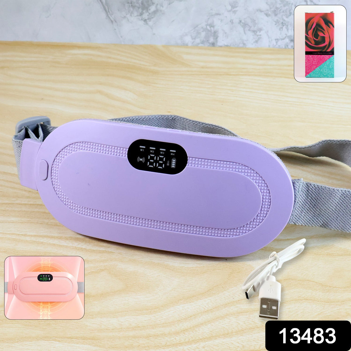 A lavender heating pad with a digital display and a white USB charging cable on a wooden surface.