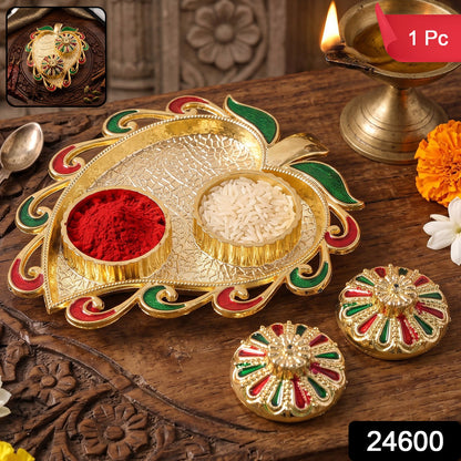 Leaf Shape Golden Kankavati Kumkum Holder with Enamel Lids