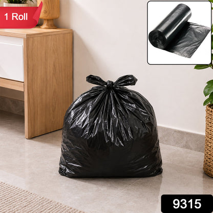 A tied black garbage bag on a light gray floor, with a rolled bag and flat bag shown in an inset, and a red "1 Roll" label.