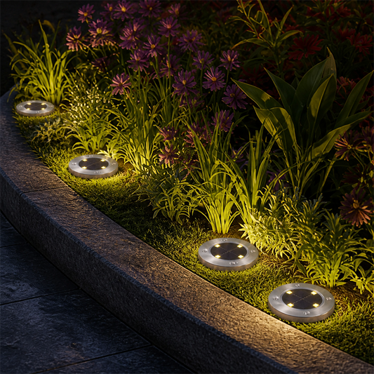 Four silver solar ground lights illuminate a garden bed with purple flowers and green foliage at night.