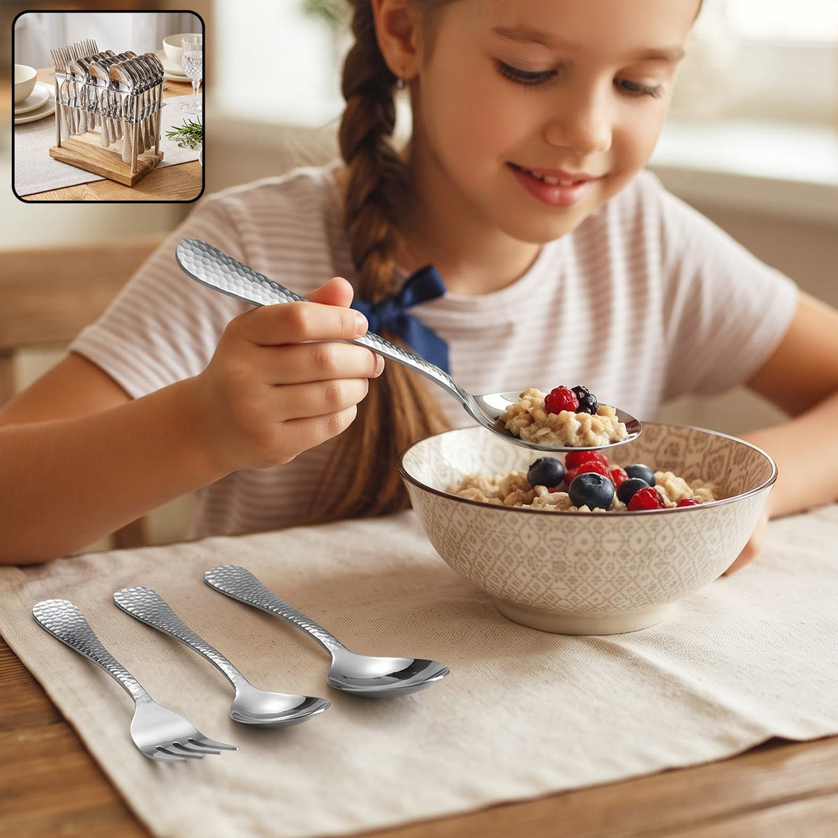 A young girl with a braid smiles, eating cereal with berries using a hammered stainless steel spoon. An inset shows the full