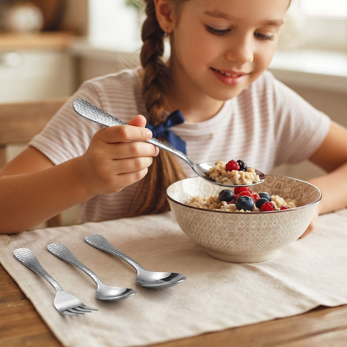 A young girl with a braid smiles, eating cereal with berries using a hammered stainless steel spoon. Three other pieces of
