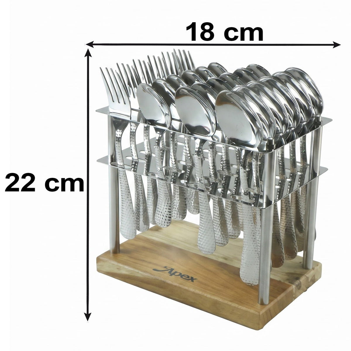 A 24-piece hammered stainless steel cutlery set with a wooden stand on a white background. Dimensions are shown: 22 cm