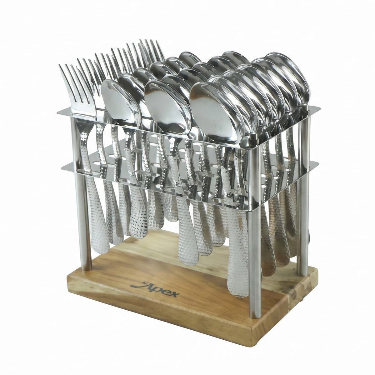 A 24-piece hammered stainless steel cutlery set with a wooden stand on a white background. The stand has the word "Apex"