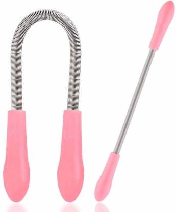 A pink and silver facial hair remover spring tool and a pink and silver facial hair remover stick on a white background.