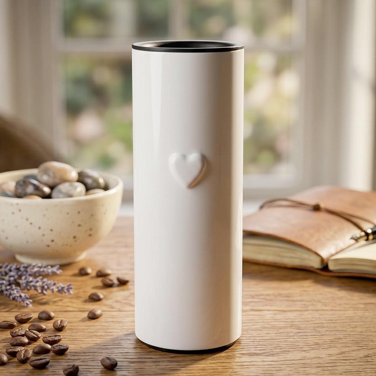 A white thermal tumbler with a subtle heart design sits on a wooden table with coffee beans and lavender.