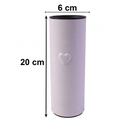 A white thermal tumbler with a raised heart, showing dimensions of 20 cm height and 6 cm width.