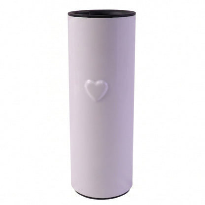 A plain white thermal tumbler with a raised heart design on its surface, featuring a black rim and base.