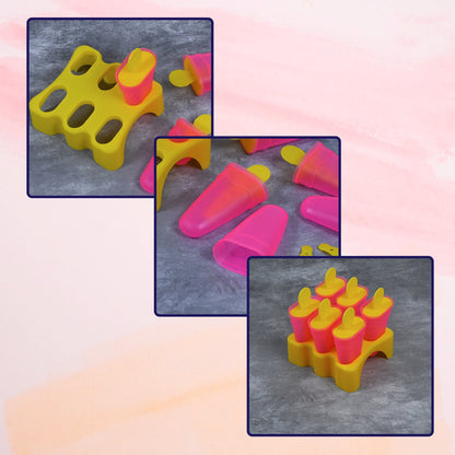Three inset images showing the pink and yellow popsicle molds from different angles and disassembled on a gray surface.