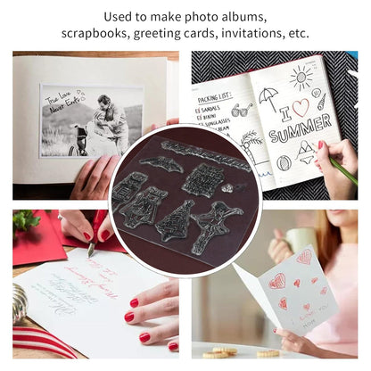 A collage of four scenes showing the stamps used for scrapbooking, journaling, writing a letter, and making a greeting card.