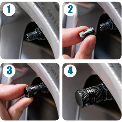 Four step-by-step close-ups showing how to install a black textured valve cap on a tire valve.