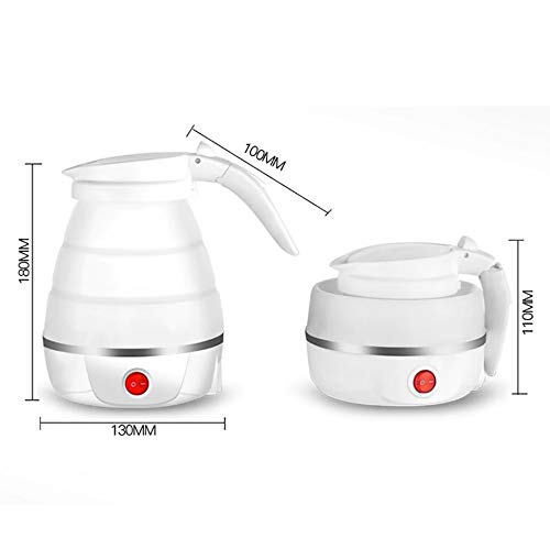 Two white foldable electric kettles, one expanded and one collapsed, with their dimensions in millimeters.