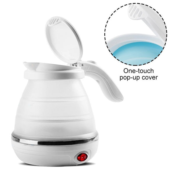 A white foldable electric kettle with its lid open, showing a one-touch pop-up cover feature in a magnified inset.