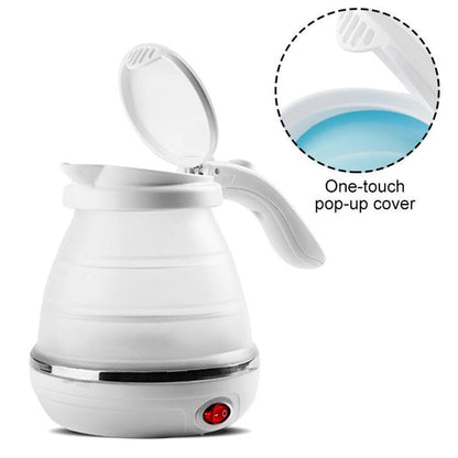 A white foldable electric kettle with its lid open, showing a one-touch pop-up cover feature in a magnified inset.