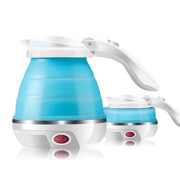 Two blue and white foldable electric kettles, one expanded and one collapsed, standing side by side.