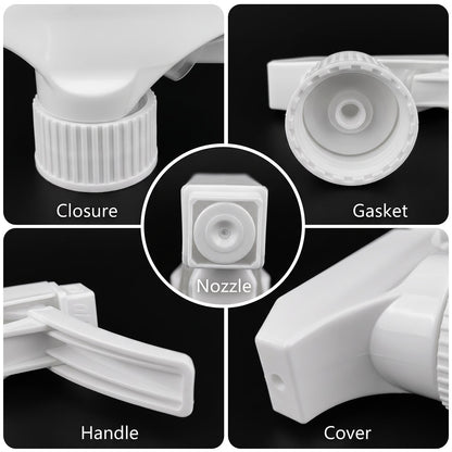 A collage shows close-up details of the white spray nozzle: closure, gasket, nozzle, handle, and cover.