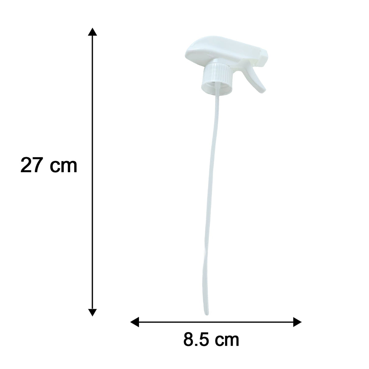A white plastic spray nozzle with a long tube is shown with dimensions: 27 cm for the tube and 8.5 cm for the head.