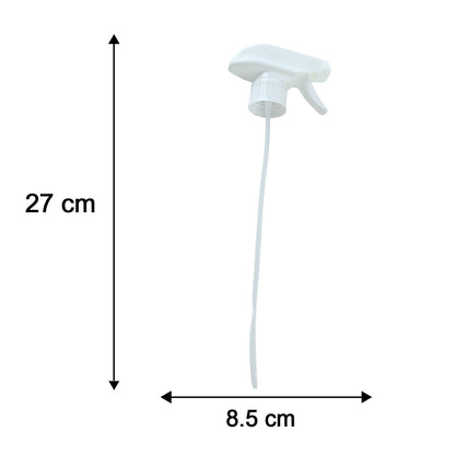 A white plastic spray nozzle with a long tube is shown with dimensions: 27 cm for the tube and 8.5 cm for the head.