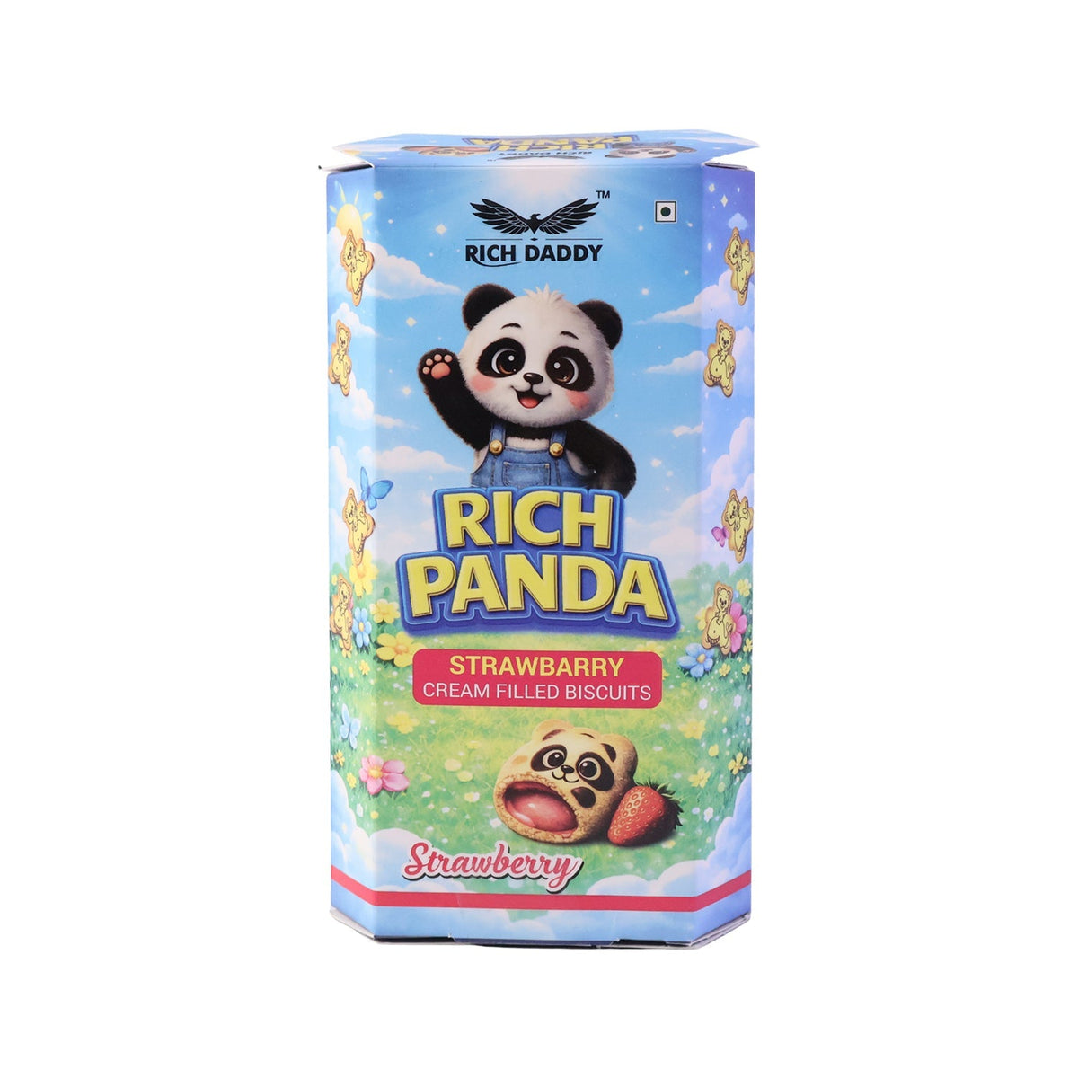 Vibrant packaging for Rich Daddy Panda Strawberry Cream Biscuits