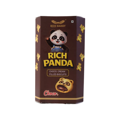 Close-up of biscuit showing panda and star shapes with chocolate filling