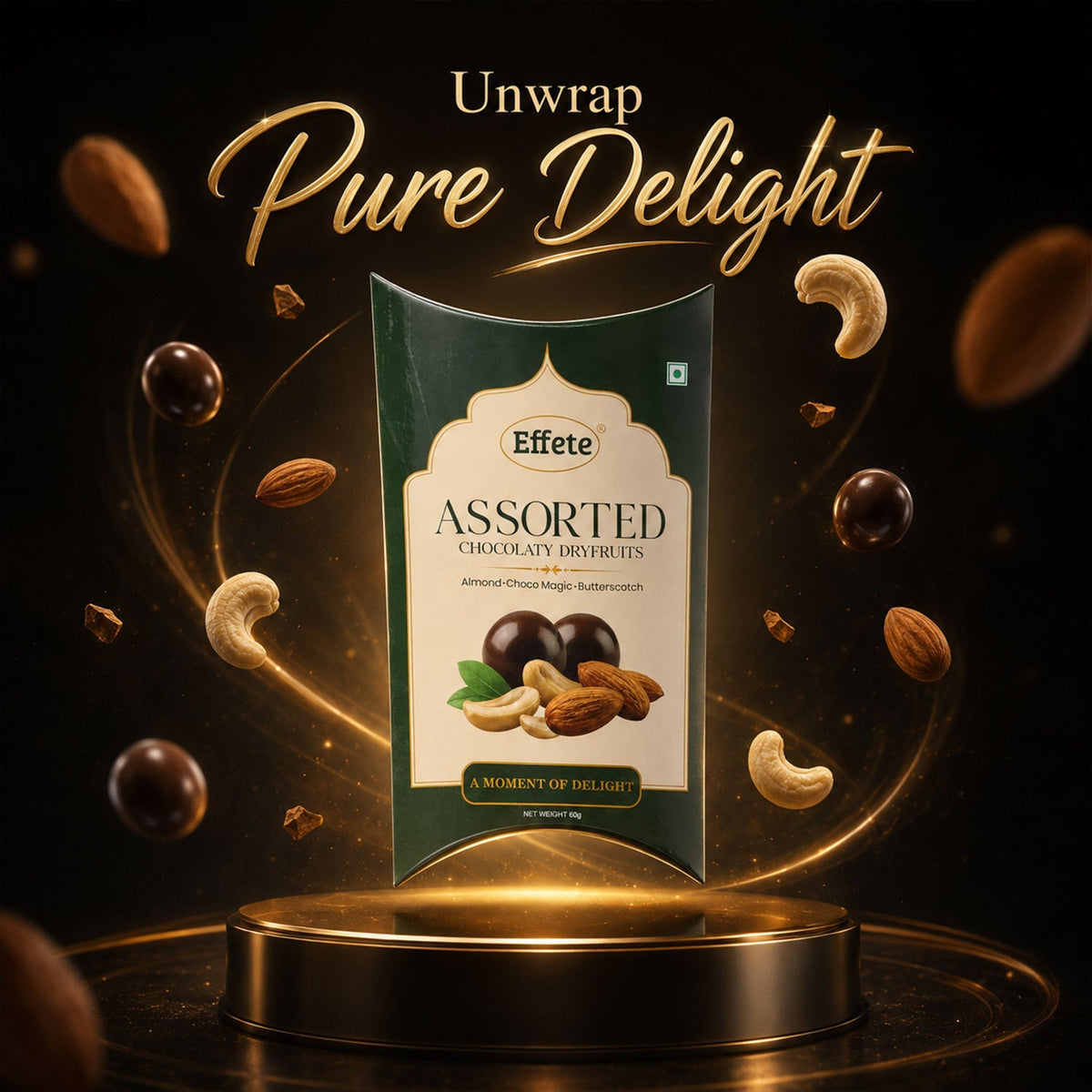 Effete assorted chocolaty dryfruits box open revealing individual chocolate coated dry fruits.