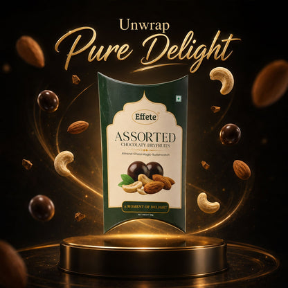 Effete assorted chocolaty dryfruits box open revealing individual chocolate coated dry fruits.