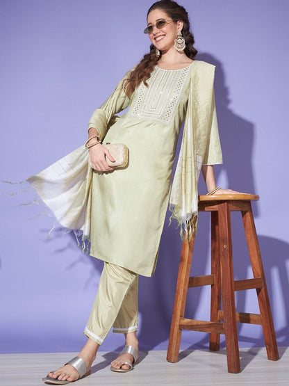 Women's Green Colour South Silk Kurta Pant With Dupatta Set