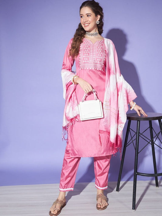 Women's Pink Colour South Silk Kurta Pant With Dupatta Set