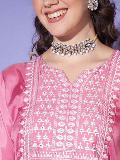 Women's Pink Colour South Silk Kurta Pant With Dupatta Set