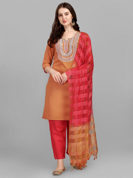 Musterd Colour Slub Cotton Embroidery Kurta Pant Dupatta Set For Women's