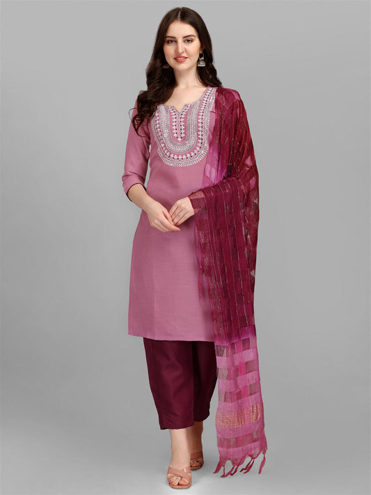 Purple Colour Slub Cotton Embroidery Kurta Pant Dupatta Set For Women's