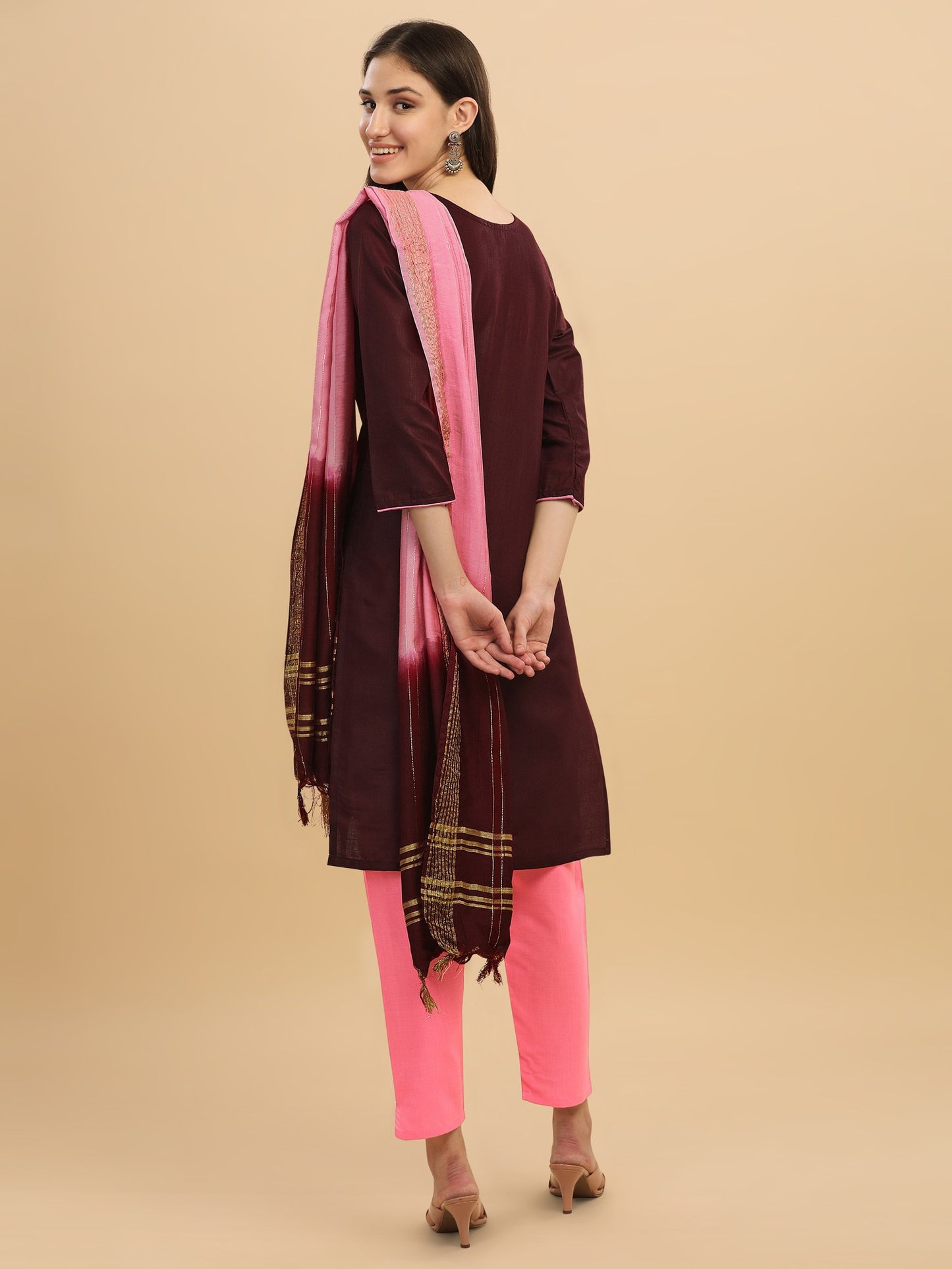 Wine Colour Slub Cotton Embroidery Casual Wear Kurta Pant Dupatta Set For Women's